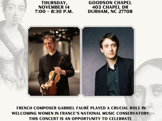 Two pictures of musicians on flyer announcing TRIBUTE TO GABRIEL FAURÉ WITH GABRIEL RICHARD AND JEAN-FRÉDÉRIC NEUBURGER