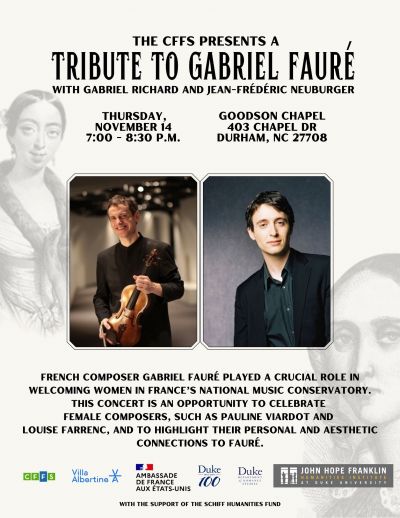 Two pictures of musicians on flyer announcing TRIBUTE TO GABRIEL FAURÉ WITH GABRIEL RICHARD AND JEAN-FRÉDÉRIC NEUBURGER