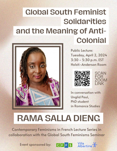 Rama Dieng picture on flyer announcing her event : Global South Feminist Solidarities and the Meaning of Anti- Colonial